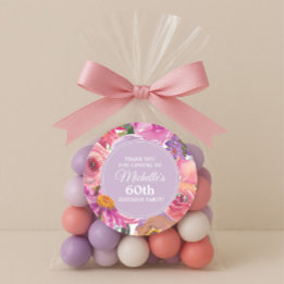 Pegatina Redonda Flores salvajes rosadas púrpuras 60 cumpleaños