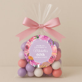 Pegatina Redonda Flores salvajes rosadas púrpuras 60 cumpleaños