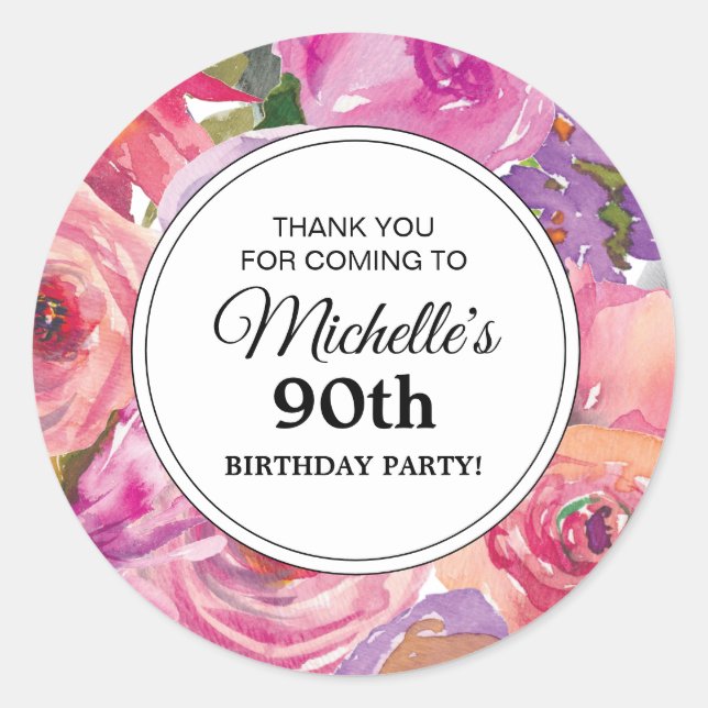 Pegatina Redonda Flores salvajes rosadas púrpuras fiesta de cumplea (Anverso)