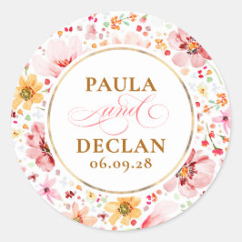 Pegatina Redonda Flores silvestres acuarela boda elegante