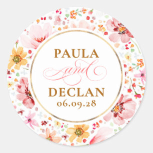 Pegatina Redonda Flores silvestres acuarela boda elegante