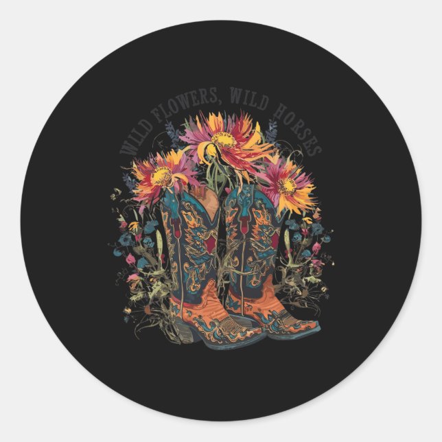 Pegatina Redonda Flores silvestres - Caballos salvajes Bota de vaca (Anverso)
