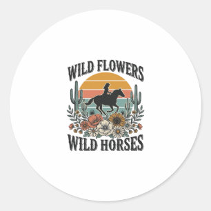 Pegatina Redonda Flores Silvestres Caballos Salvajes Camisa Floral