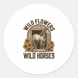 Pegatina Redonda Flores Silvestres Caballos Salvajes Camisa Western