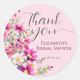 Pegatina Redonda Flores Silvestres de Color Rosa Brillante Script A