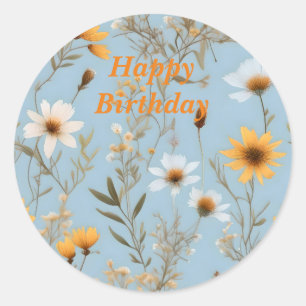 Pegatina Redonda Flores Silvestres Delicadas Australianas Sobre Azu