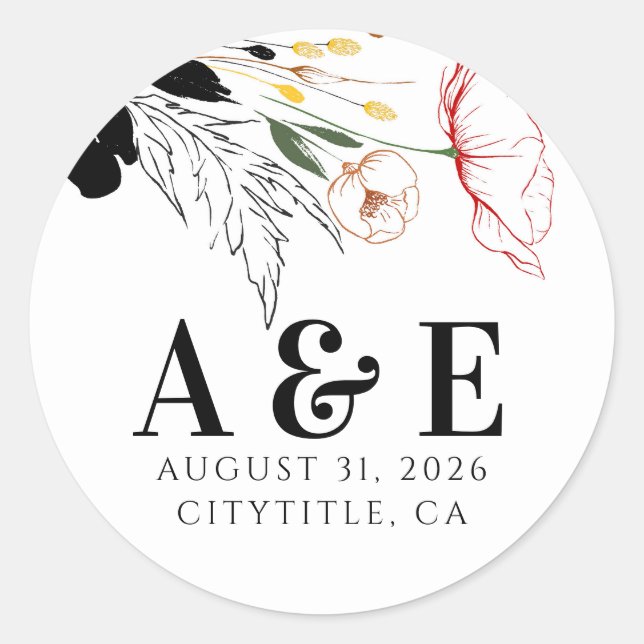 Pegatina Redonda Flores silvestres moderno boho con acentos negros (Anverso)