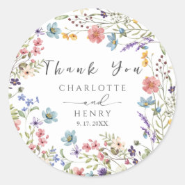Pegatina Redonda Flores Silvestres Simple Boda Floral Gracias Por F