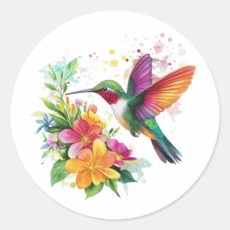 Pegatina Redonda Flores tropicales de colibrí