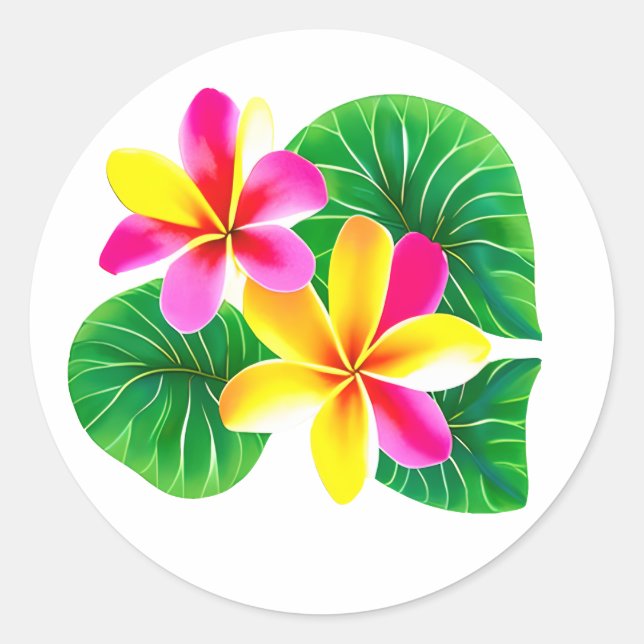 Pegatina Redonda Flores tropicales de plumeria (Anverso)