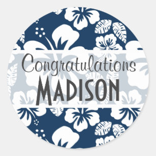 Pegatina Redonda Flores tropicales oscuras de medio noche azul hibi