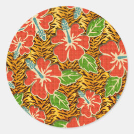 Pegatina Redonda Flores tropicales Patrón de tigre salvaje