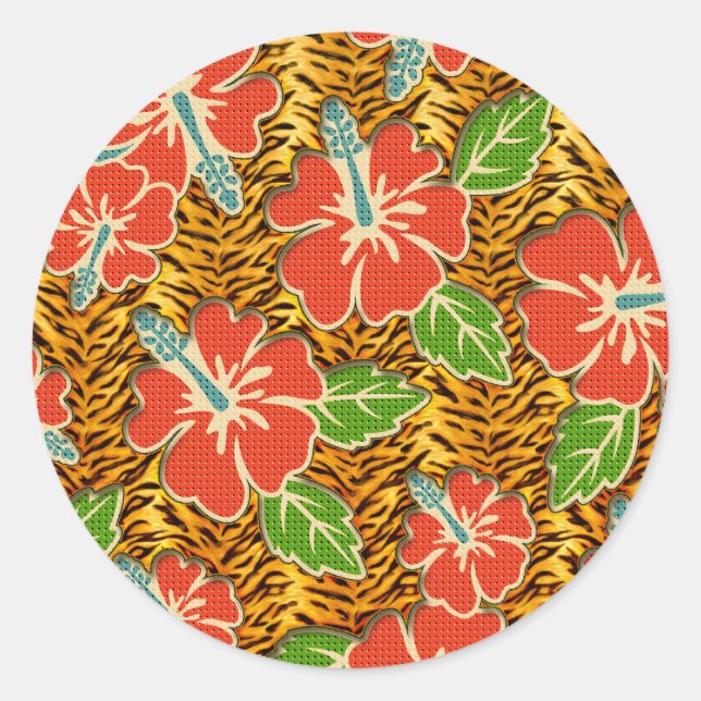 Pegatina Redonda Flores tropicales Patrón de tigre salvaje (Anverso)
