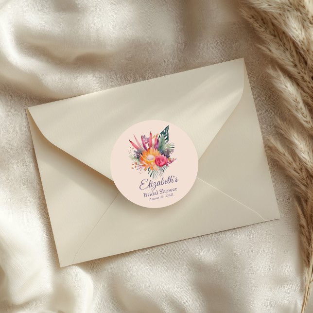 Pegatina Redonda Flores tropicales Peach Fuzz Bridal Shower (Peach Fuzz Tropical Flowers Bridal Shower Classic Round Sticker on an elegant envelope.)