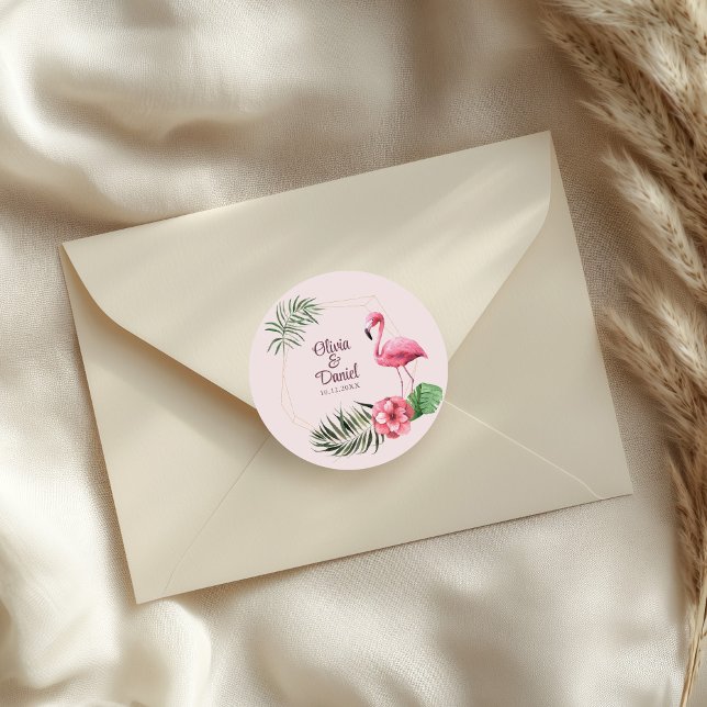 Pegatina Redonda Flores Tropicales y Boda de Flamencos (Black and Red Mexican Floral Fiesta Wedding Classic Round Sticker on an elegant wedding envelope.)