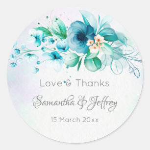 Pegatina Redonda Flores verdes verde azuladas azules regalo de boda
