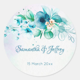 Pegatina Redonda Flores verdes verde azuladas azules sobre boda flo
