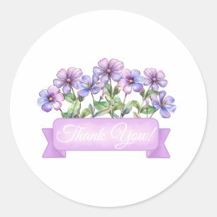 Pegatina Redonda Flores violetas de moda con flores de pancarta gra