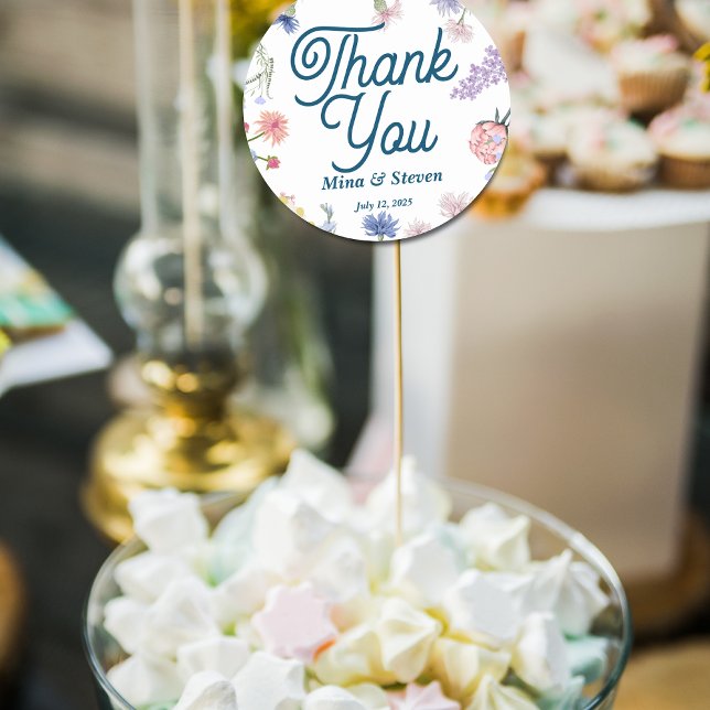 Pegatina Redonda Flores violetas y rosadas Gracias boda (Subido por el creador)