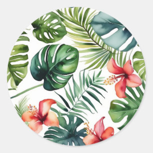Pegatina Redonda Flores Y Acuarela Tropicales De Foliage Exótico