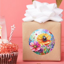 Pegatina Redonda Flores y adybugs