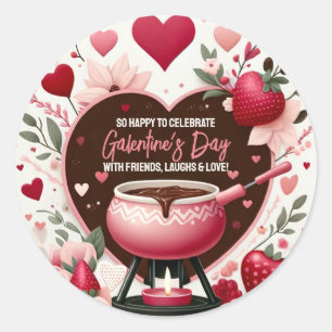 Pegatina Redonda Flores y fresas Fiesta Fondue de Galentine