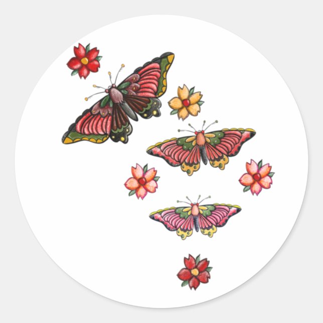 Pegatina Redonda Flores y mariposas (Anverso)
