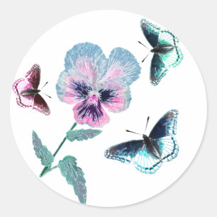Pegatina Redonda Flores y mariposas.