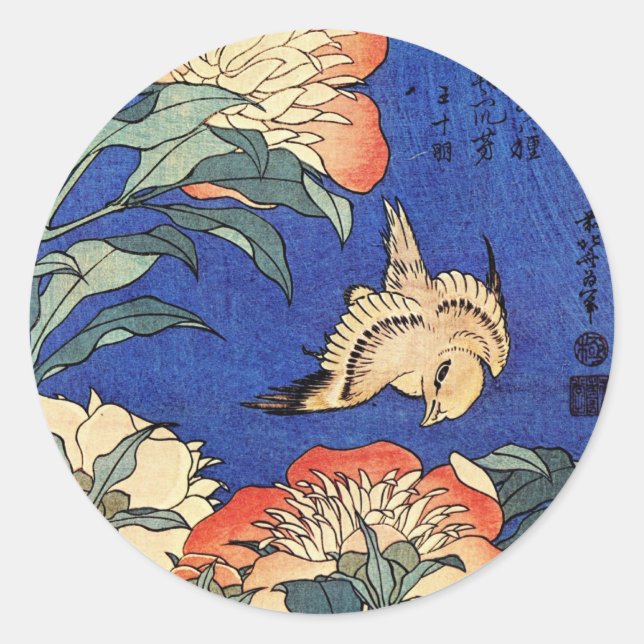 Pegatina Redonda Flores y pájaros, Hokusai (Anverso)