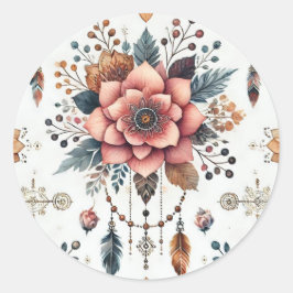 Pegatina Redonda Flores y plumas