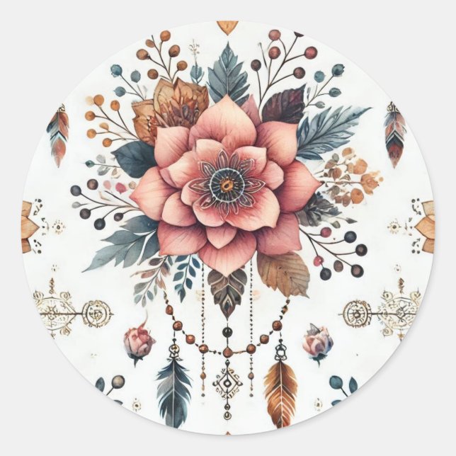 Pegatina Redonda Flores y plumas (Anverso)