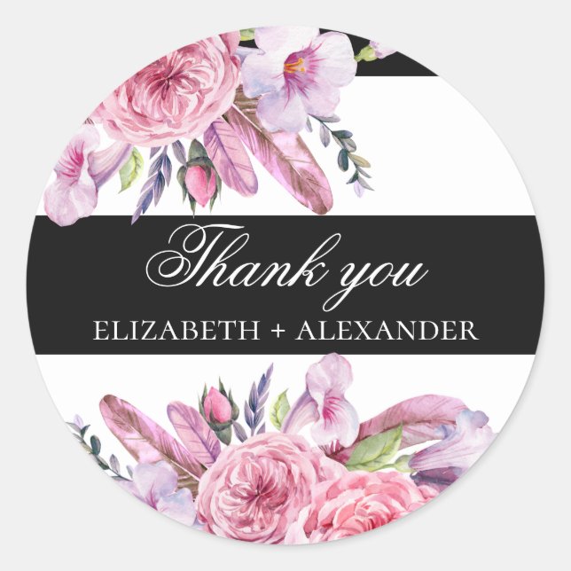 Pegatina Redonda Flores y plumas rosadas Boho boda gracias (Anverso)