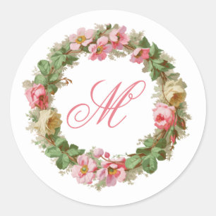 Pegatina Redonda Flores y Rosas de Apple Wreath con monograma