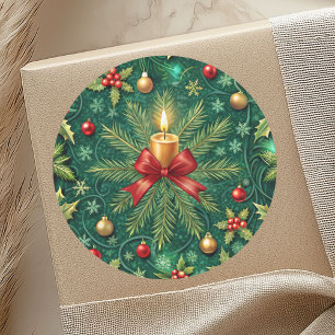 Pegatina Redonda Floricultura de Flor de Nochebuena con Patrón Verd