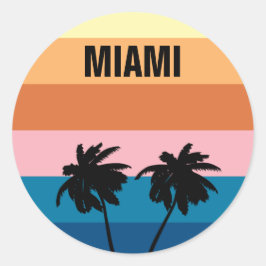 Pegatina Redonda Florida Miami Vintage Sunset Palm Trees Viaja