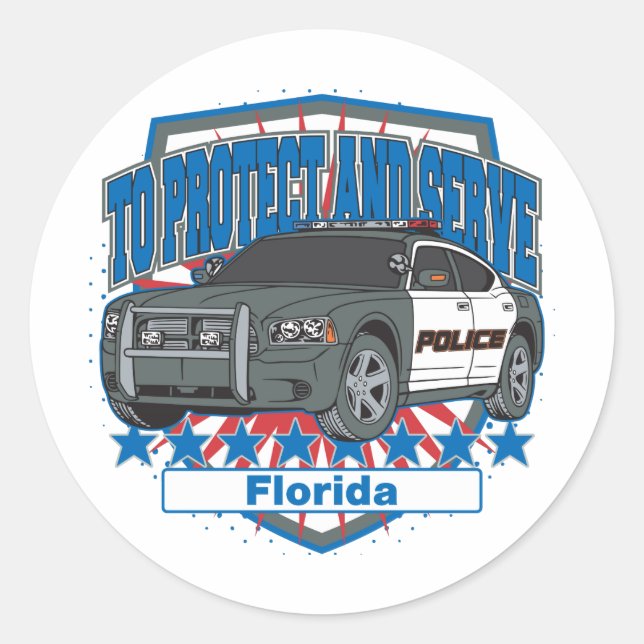 Pegatina Redonda Florida: Proteger y servir al auto policial (Anverso)
