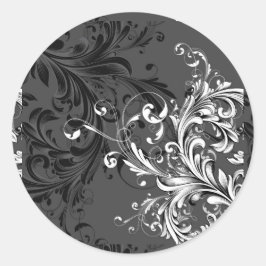 Pegatina Redonda Floritura floral en blanco y negro