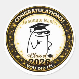 Pegatina Redonda Flork Graduado Divertido con Nombre Personalizado