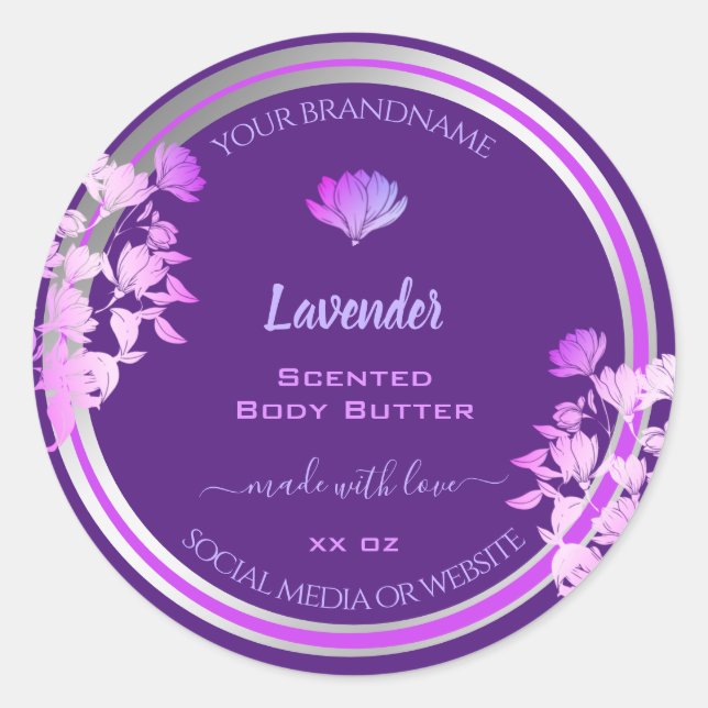 Pegatina Redonda Flouriple Purple Product Packaging Labels Silver (Anverso)