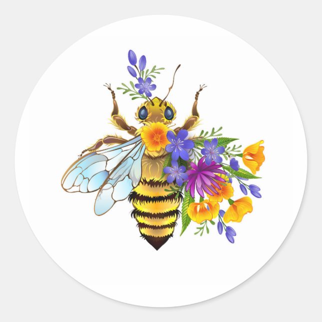 Pegatina Redonda Flower bee with wild plants (Anverso)