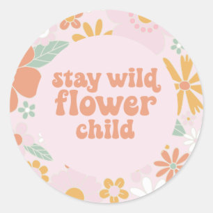 Pegatina Redonda Flower Child Retro Floral Cumpleaños