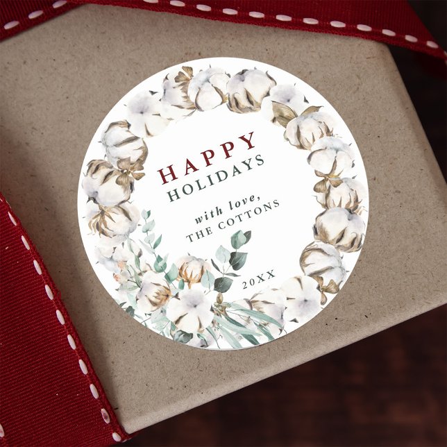 Pegatina Redonda Flower Cotton Wreath Felices Fiestas (Subido por el creador)