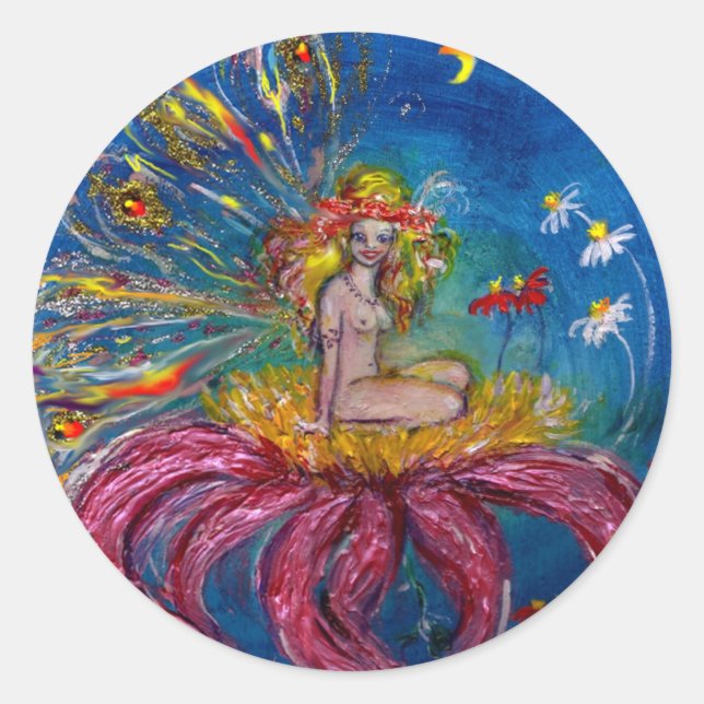 Pegatina Redonda FLOWER FAIRY IN THE NOIGHT Blue Fantasy (Anverso)