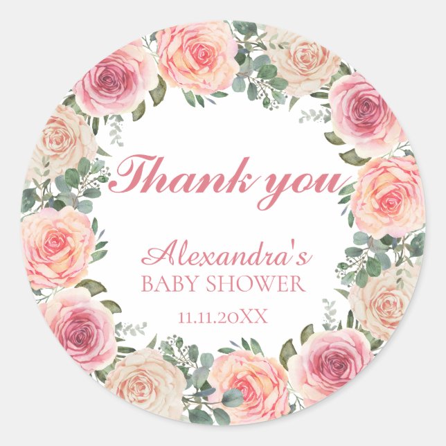 Pegatina Redonda Flower Frame Baby Shower Gracias (Anverso)