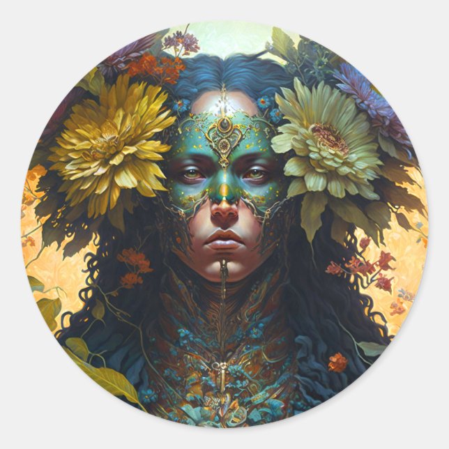 Pegatina Redonda Flower Goddess Fantasy Art (Anverso)