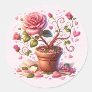 Pegatina Redonda Flower Pot of Pink Roses Valentine