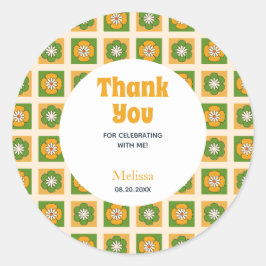 Pegatina Redonda Flower Retro Daisy Checkered Cumpleaños Gracias