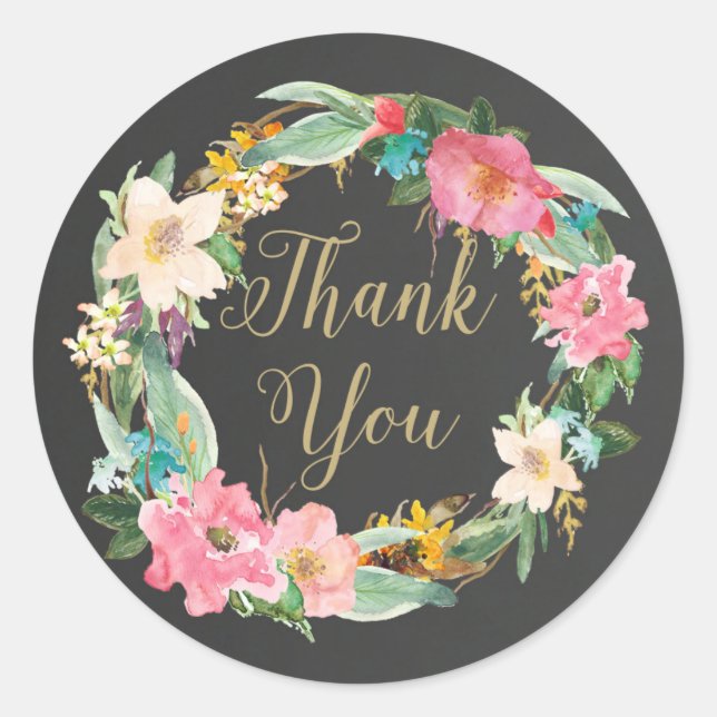 Pegatina Redonda Flowers Chalkboard Gracias Sticker (Anverso)
