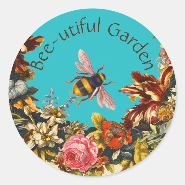 PEGATINA REDONDA FLOWERS ,HONEY BEE IN BLUE SKY FLORAL BEEKEEPING (Anverso)