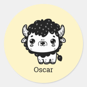 Pegatina Redonda Fluffy Bison Baby - Kawaii Farm Animal Art